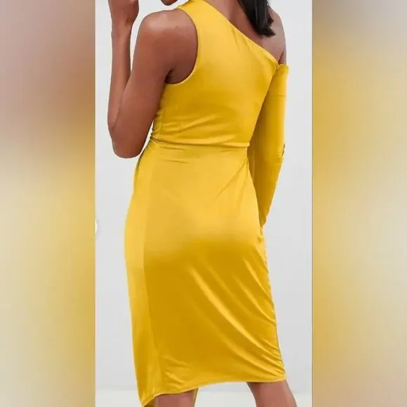 ASOS NEW One Shoulder Long Sleeve Gorgeous Yellow Gold Slinky Asymmetric Dress 2 - Picture 3 of 9
